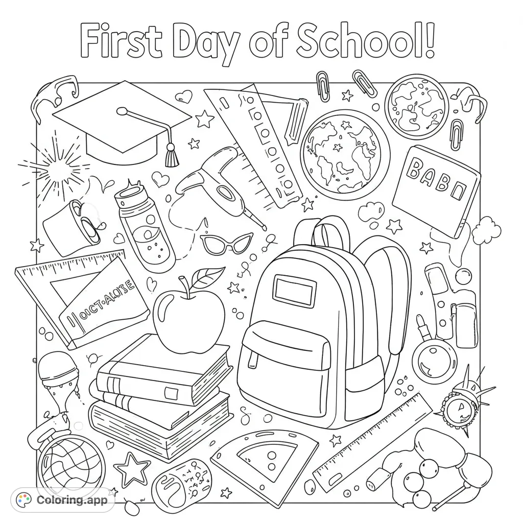 A delightful collection of school essentials: backpack, books, apple, and various supplies, perfect for a fun back to school coloring page.