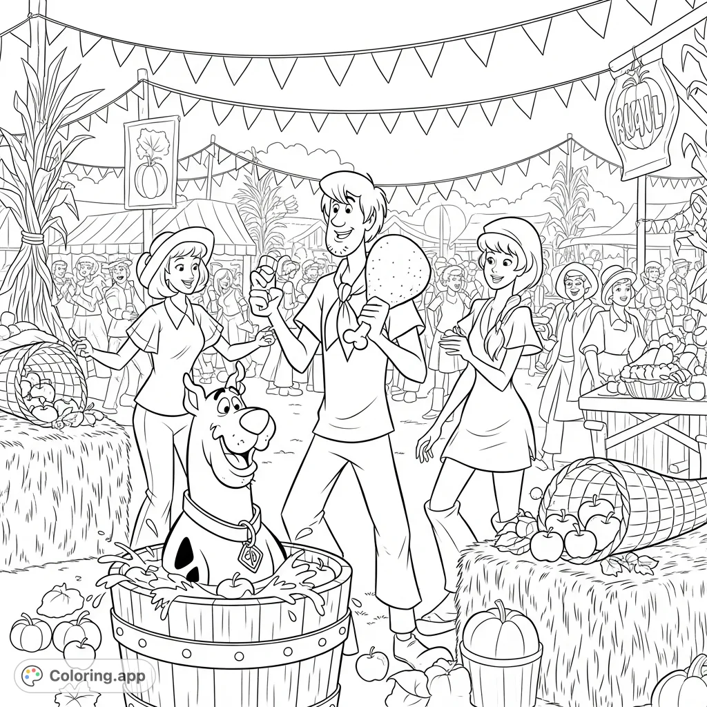 Join Scooby-Doo and Shaggy at a lively harvest festival! Scooby bobs for apples while Shaggy enjoys a turkey leg amidst hay bales and festive decorations. A fun, detailed coloring page.
