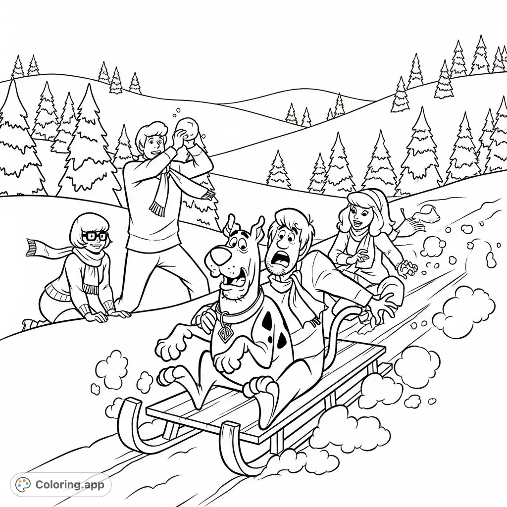 Join Scooby-Doo and the gang on a thrilling snowy adventure! Shaggy and Scooby sled down a hill while Fred, Daphne, and Velma enjoy a snowball fight.