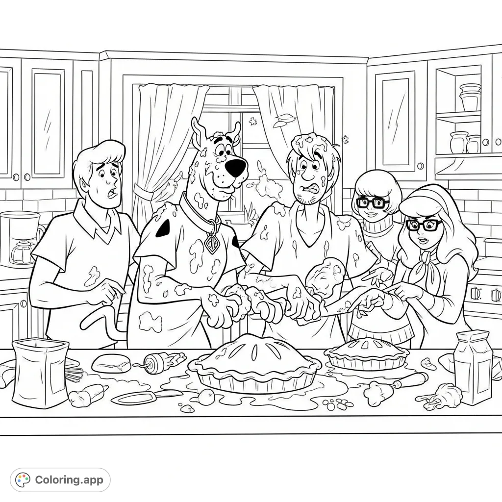 Scooby-Doo and Shaggy create a floury mess attempting a Thanksgiving pie, while Fred, Daphne, and Velma react to the kitchen antics.