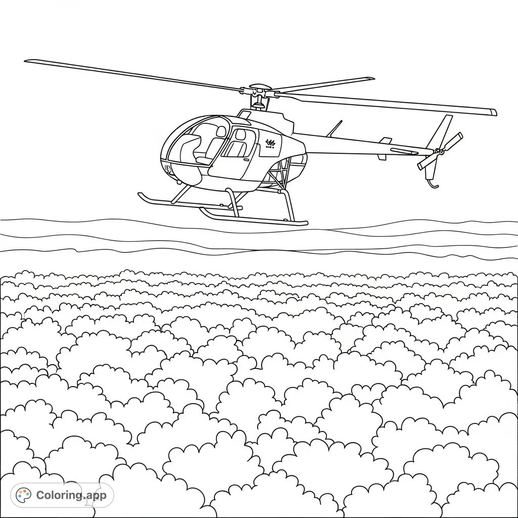 Color a small scout helicopter soaring above a sprawling, simplified forest, featuring clean lines and inviting shapes for a relaxing creative experience.