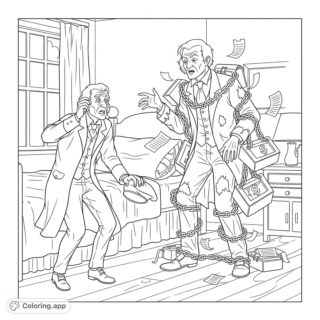 Witness the chilling encounter between Ebenezer Scrooge and Jacob Marley's Ghost, entangled in chains and ledgers, within Scrooge's bedchamber.