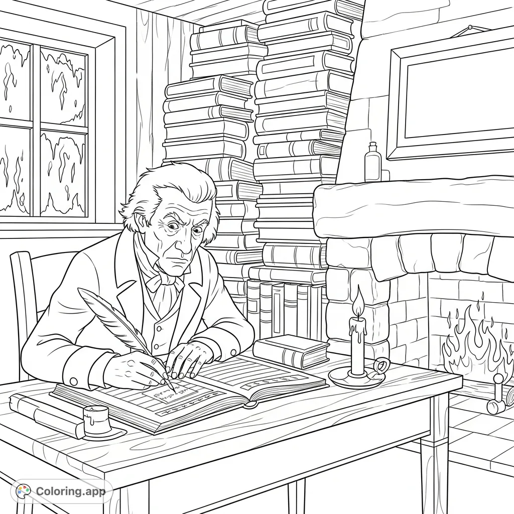 Step into the somber world of Ebenezer Scrooge's counting house. A detailed scene with Scrooge, a ledger, stacks of books, and a frosty window awaits your colors.