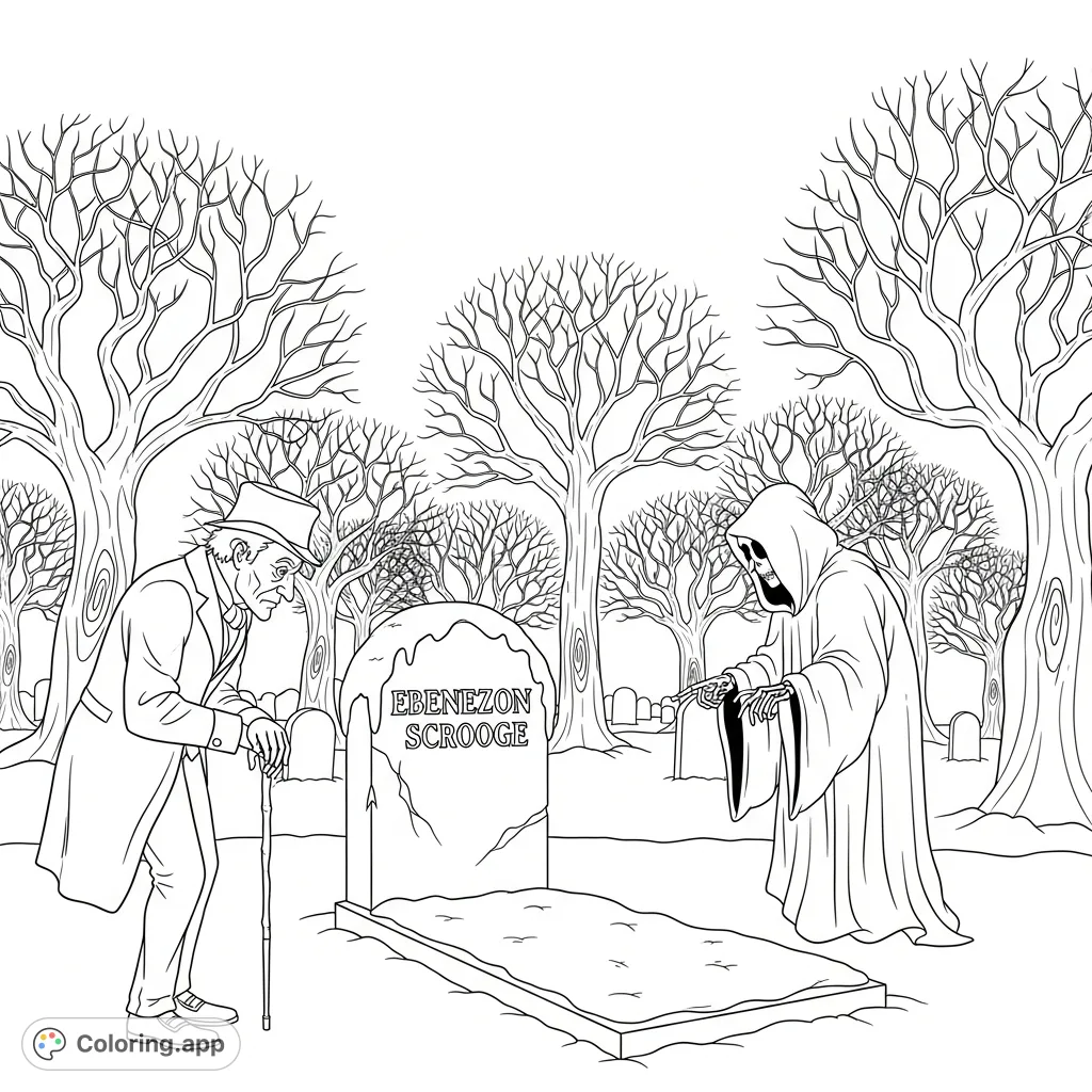 Witness Ebenezer Scrooge confronting his future at a snow-covered tombstone, guided by the Ghost of Christmas Yet to Come in a desolate graveyard.