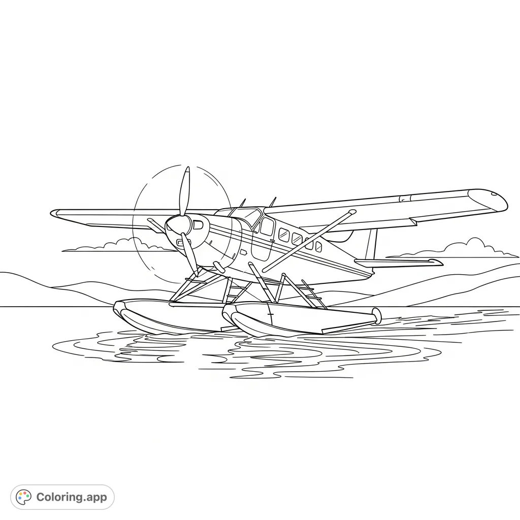 A detailed seaplane gently touching down on a serene lake, surrounded by distant mountains and a clear sky, offering a peaceful and engaging coloring scene.