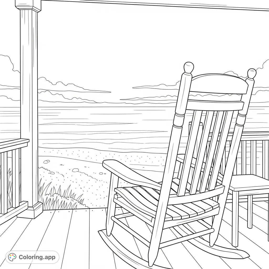 A serene cottage porch with a rocking chair invitingly faces a tranquil shore. Gentle arc shapes define the calm waters under a wide, open sky.