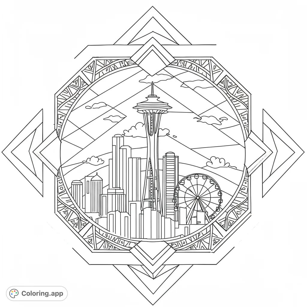 Explore the iconic Seattle skyline, featuring the Space Needle and Ferris wheel, framed by intricate geometric patterns. A free printable Seattle coloring page for all ages.