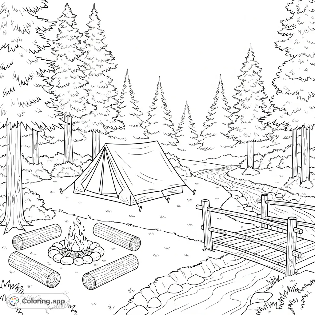 Escape to a tranquil secluded campsite. A dome tent, campfire, and rustic footbridge over a meandering stream, framed by towering pine trees.