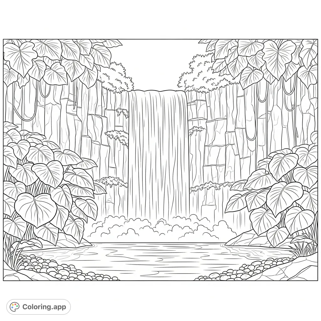 Discover a tranquil, secluded waterfall cascading between rugged rocky shelves, framed by giant leaf clusters and a serene pool below, offering a peaceful escape.