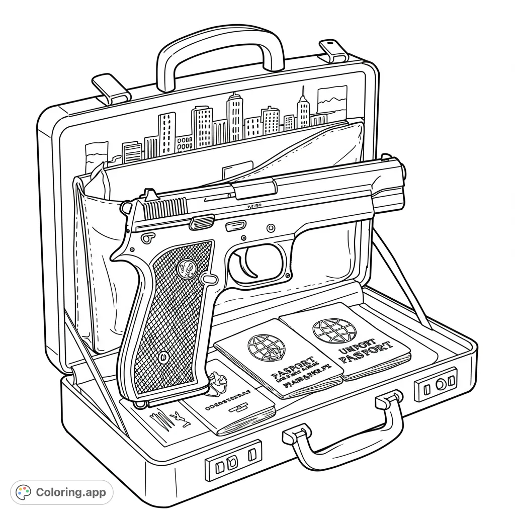 An open briefcase reveals a pistol, passports, and documents against a cityscape backdrop. A thrilling spy-themed free printable coloring page for adults.