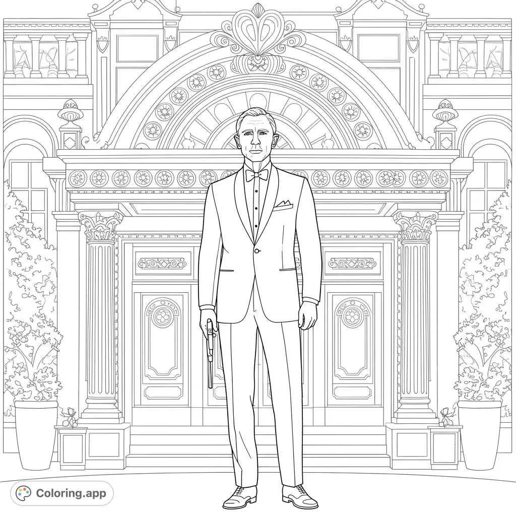 A dapper secret agent in a tuxedo stands before a majestic, ornate mansion. Perfect for spy-themed adventures and sophisticated coloring fun.