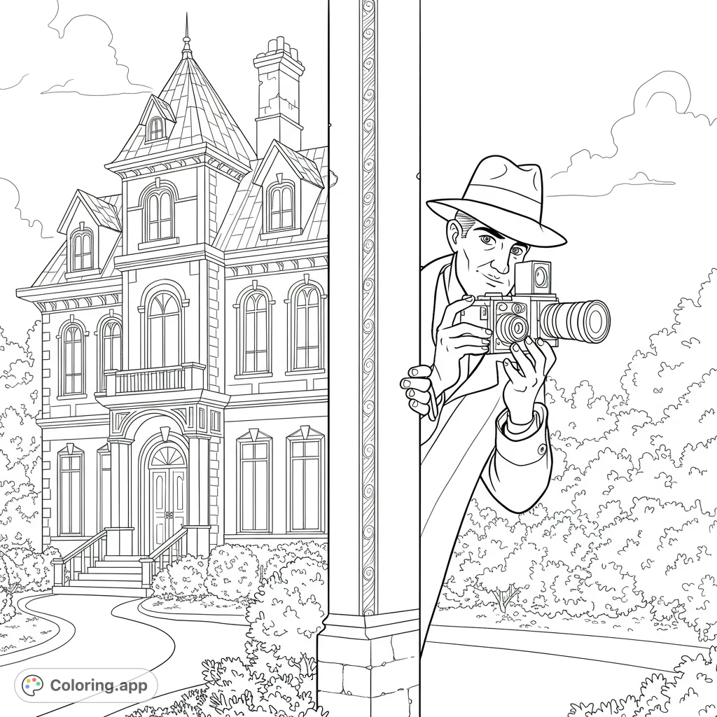 A mysterious man with a vintage camera peeks from behind a pillar, observing a grand mansion. A thrilling spy-themed coloring page.