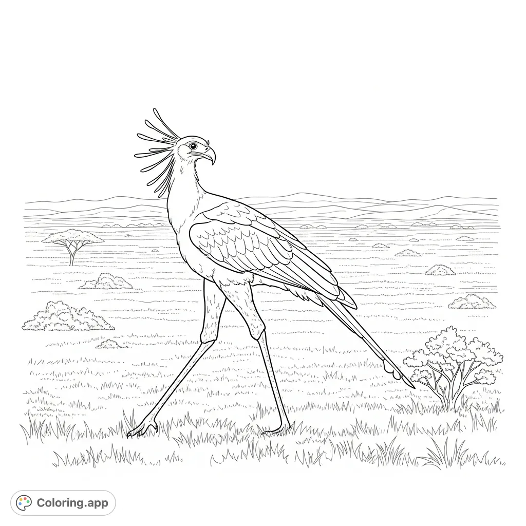 A majestic secretary bird strides across a vast savanna, featuring its distinctive crest and simplified feathered legs amidst sparse grasses and distant rolling hills.
