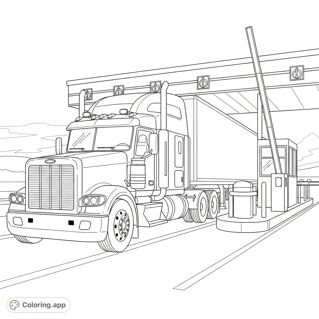 A detailed coloring page featuring a large semi-truck moving towards a simplified toll booth with a raised barrier. Perfect for vehicle enthusiasts!