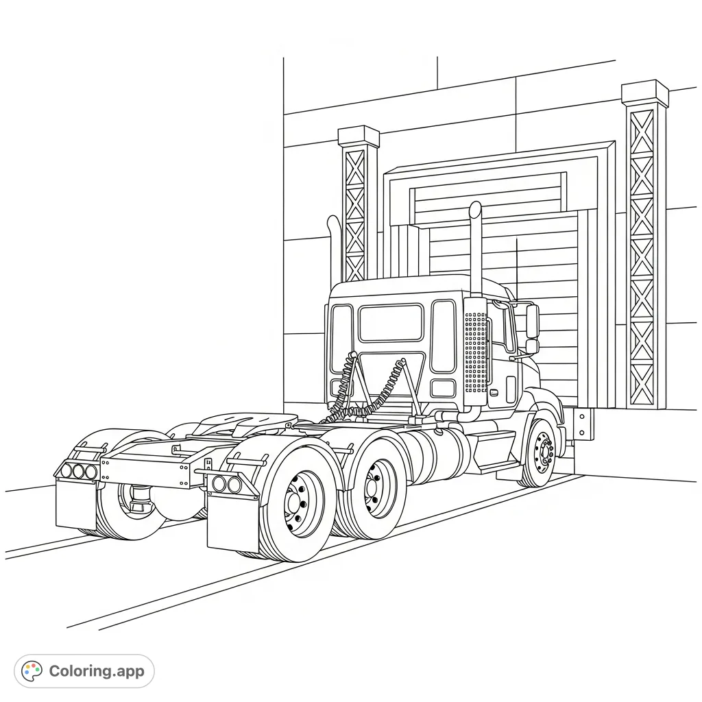 A detailed coloring page of a semi-truck expertly backing into a narrow loading bay. Features bold outlines and minimal clutter for a focused coloring experience.