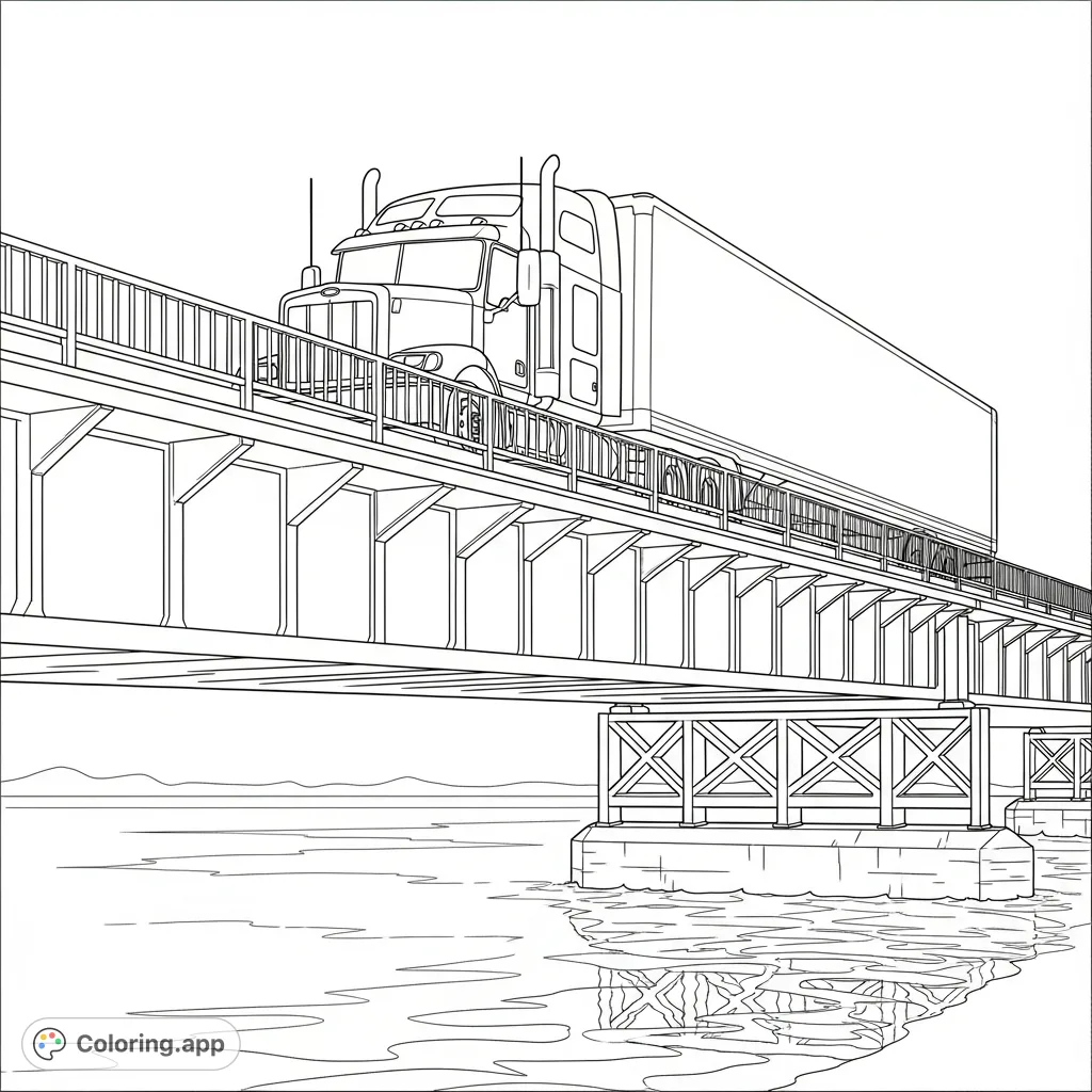 A detailed coloring page featuring a semi-truck crossing a sturdy bridge over calm water, perfect for all ages. Intricate bridge details await your creativity.