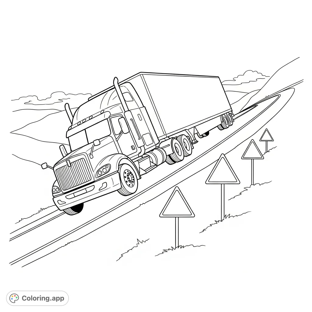 Color a detailed semi truck navigating a challenging steep grade, complete with prominent warning signs and a winding road through hilly terrain.