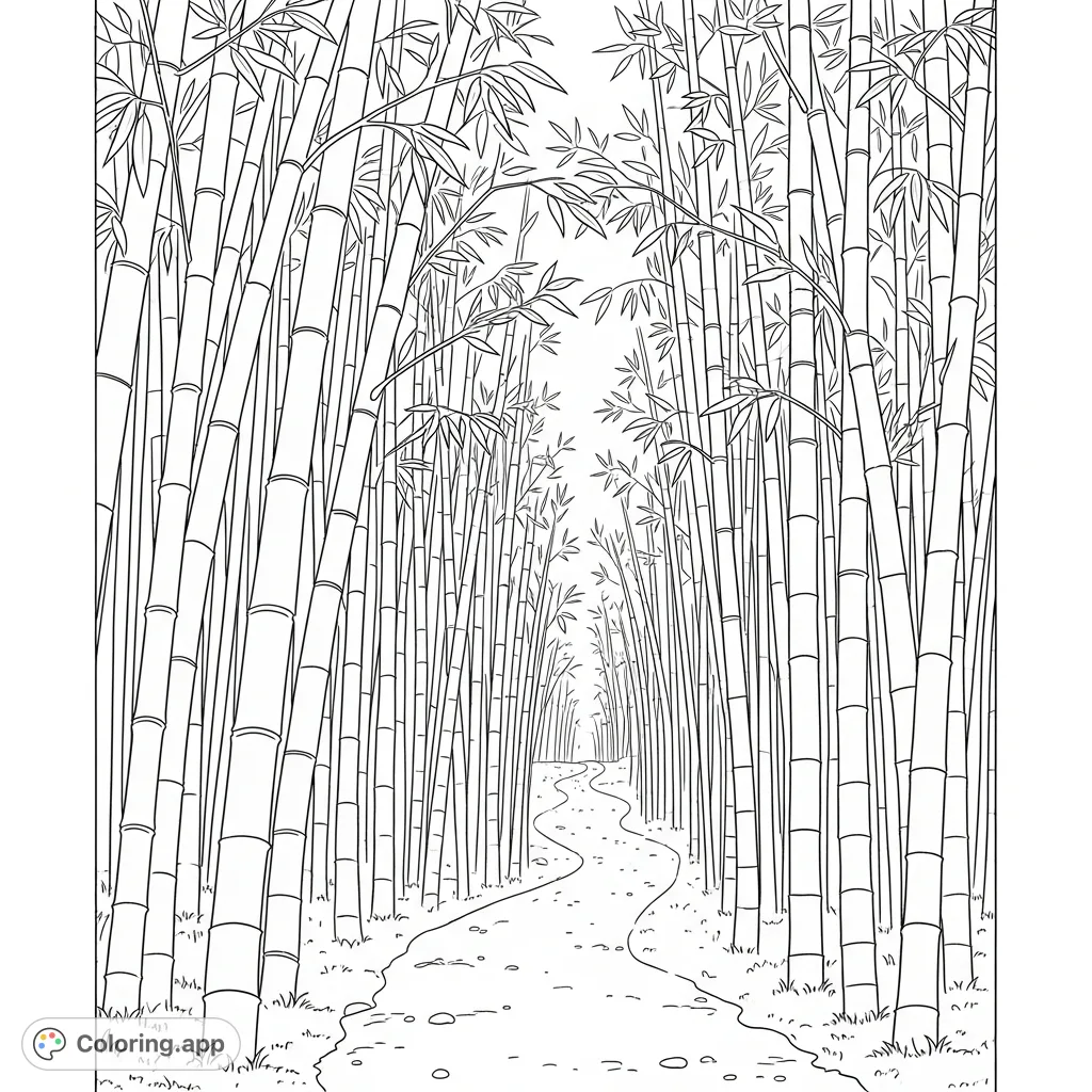 A tranquil bamboo forest path invites calm, with towering stalks and subtle ground details for a peaceful coloring experience. Discover zen.
