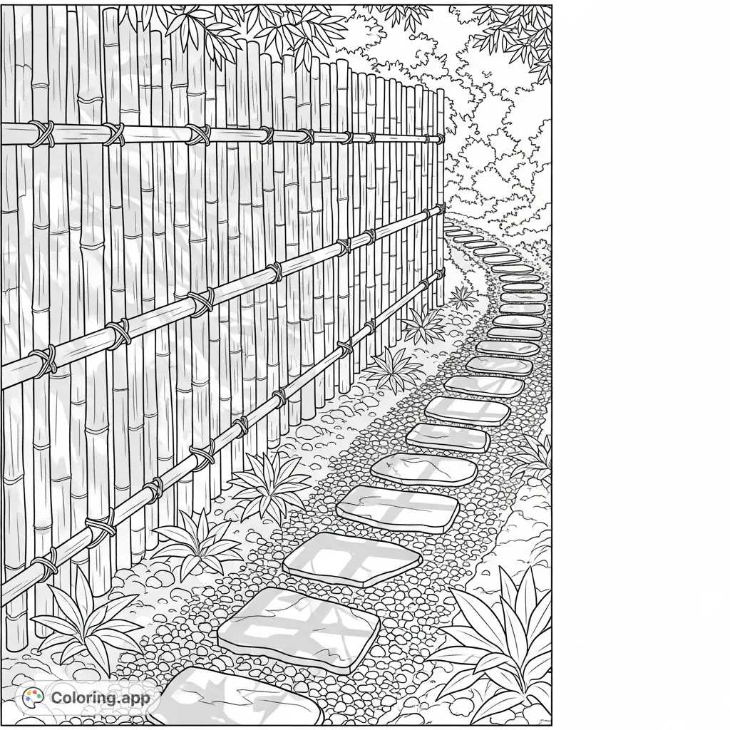 A tranquil garden pathway framed by a detailed bamboo fence, with gentle shadow patterns dappling the ground and foliage. Perfect for a peaceful coloring session.