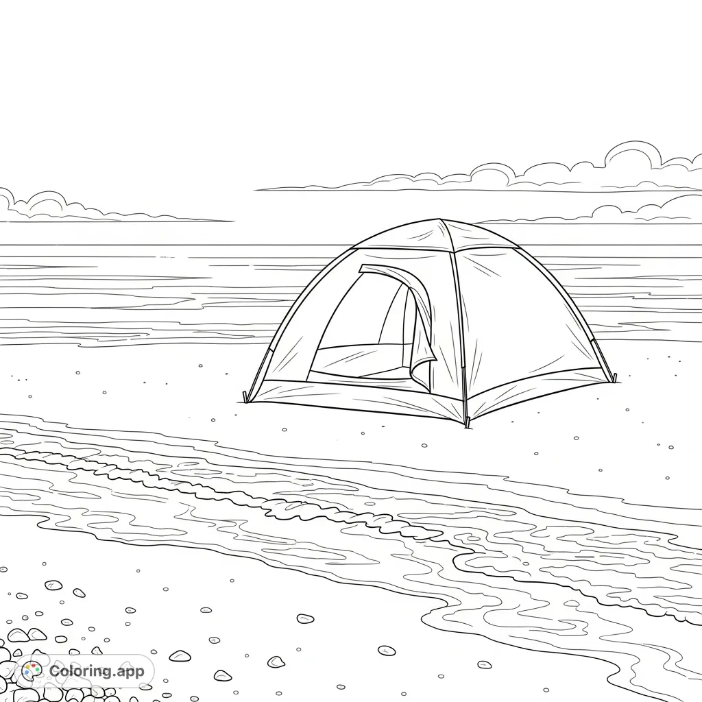 A tranquil coloring page featuring a small tent pitched on a sandy beach next to calm waves under a minimalist sky. Perfect for peaceful relaxation.