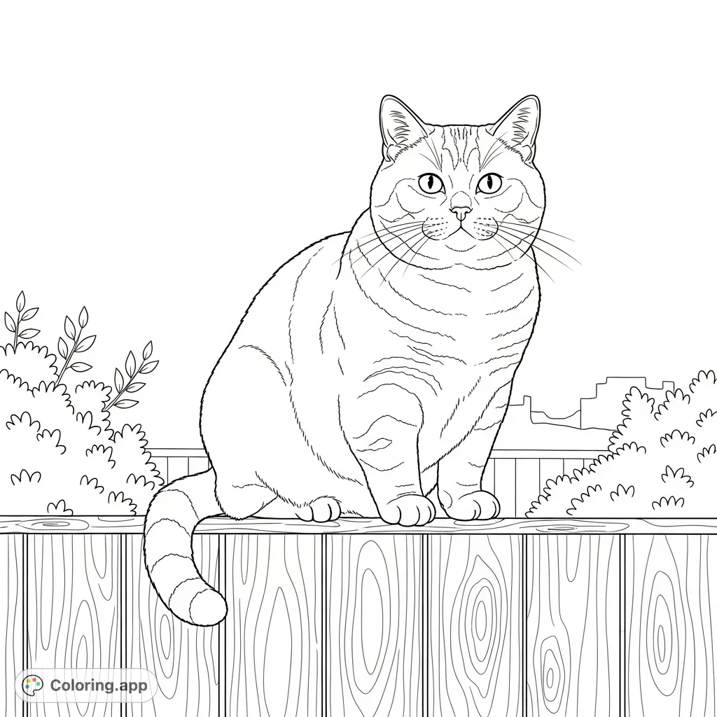 A charming British Shorthair cat perches serenely on a rustic wooden fence, overseeing a peaceful, simple backyard scene. Ideal for pet lovers.