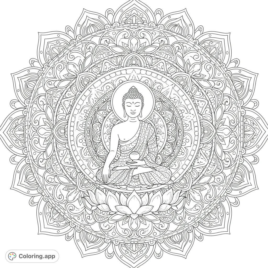 An intricate Buddha mandala coloring page featuring a meditating Buddha on a lotus, surrounded by detailed spiritual patterns. Perfect for mindful coloring.