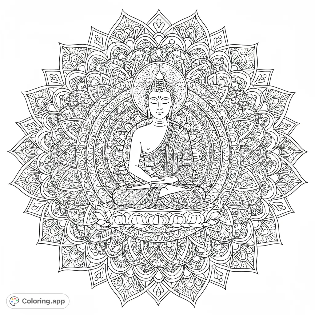 A serene Buddha meditating within an intricate, symmetrical mandala, perfect for mindful coloring and relaxation. A free printable coloring page.