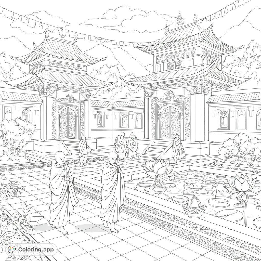 Discover a serene Buddhist temple courtyard with monks, ornate architecture, and a peaceful lotus pond. A detailed, free printable spiritual coloring page.