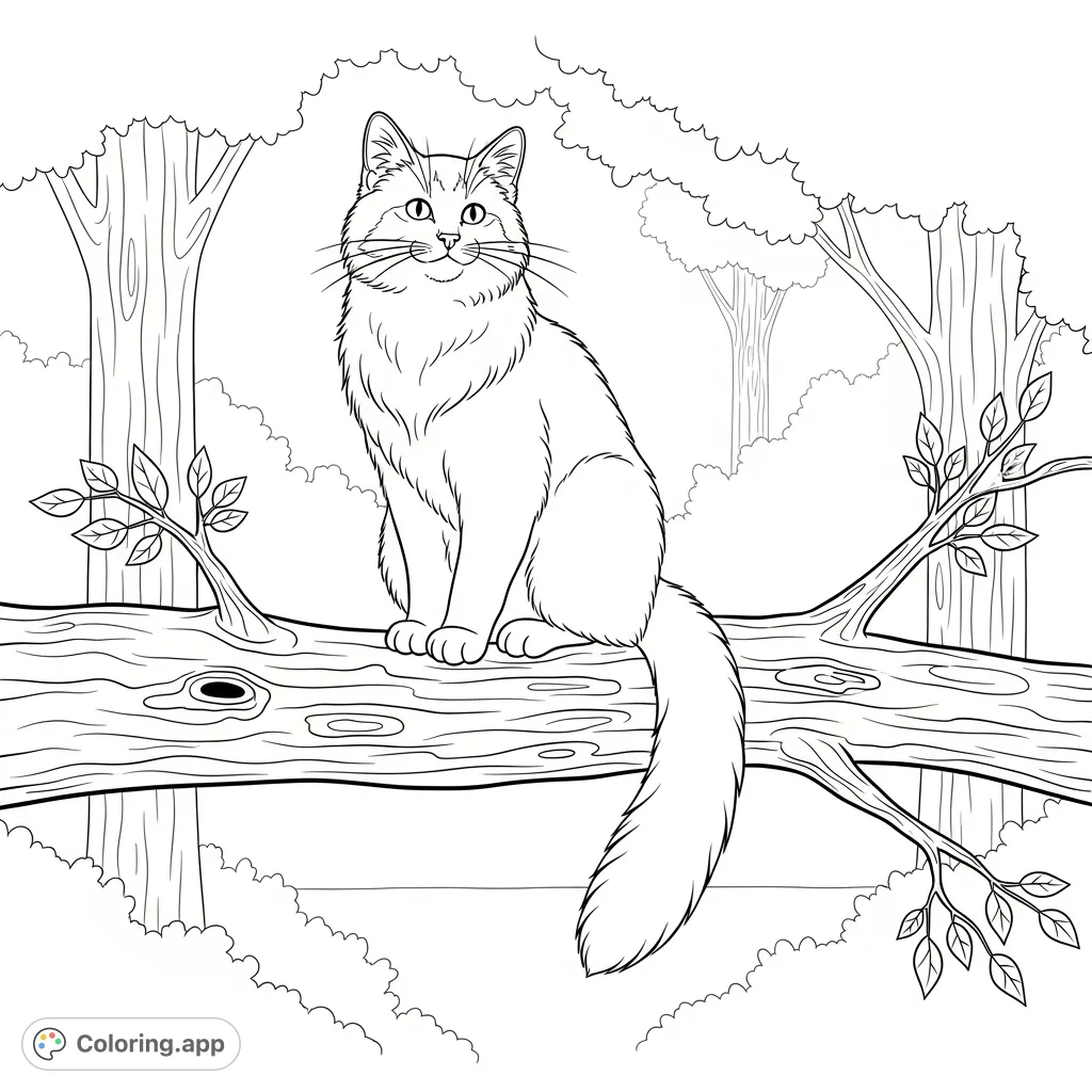 A charming cat perched peacefully on a textured tree branch, surrounded by subtle foliage. Perfect for a relaxing coloring experience for all ages.