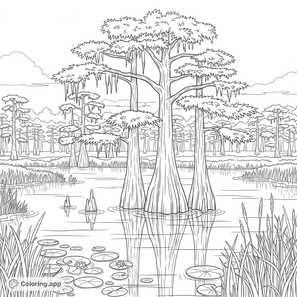 Explore a tranquil wetland scene featuring majestic cypress trees with detailed foliage, their simplified reflections shimmering on still water. Perfect for nature lovers.