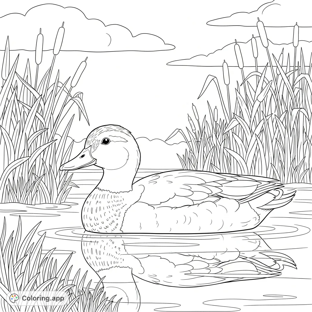 A calm duck floats peacefully on still water, surrounded by tall reeds, offering a tranquil scene for coloring. Perfect for nature lovers of all ages.
