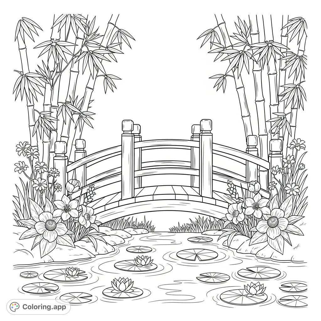 A tranquil garden bridge arches over calm water, framed by towering bamboo and delicate flowering plants. An inviting scene for mindful coloring.