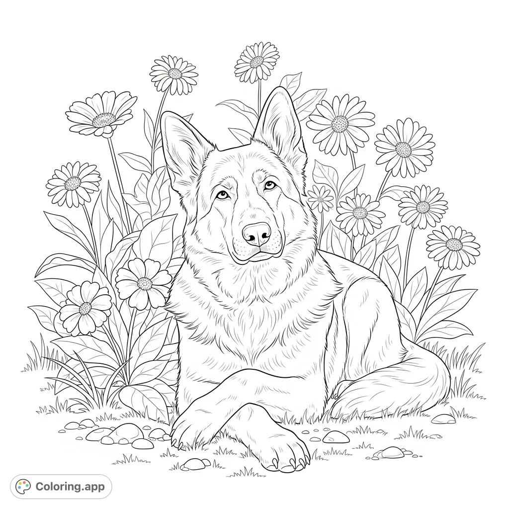 A peaceful German shepherd rests amidst a charming flower garden, with simplified blossoms. Perfect for dog lovers and nature enthusiasts seeking a calming scene to color.