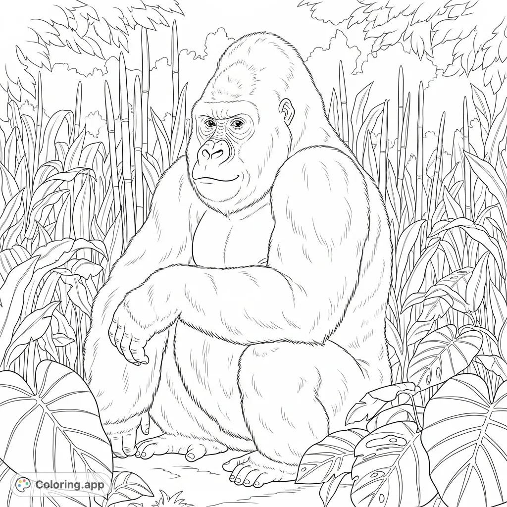 A majestic gorilla sits peacefully amidst a dense array of tall, broad-leafed plants and slender stalks, creating a tranquil jungle scene.