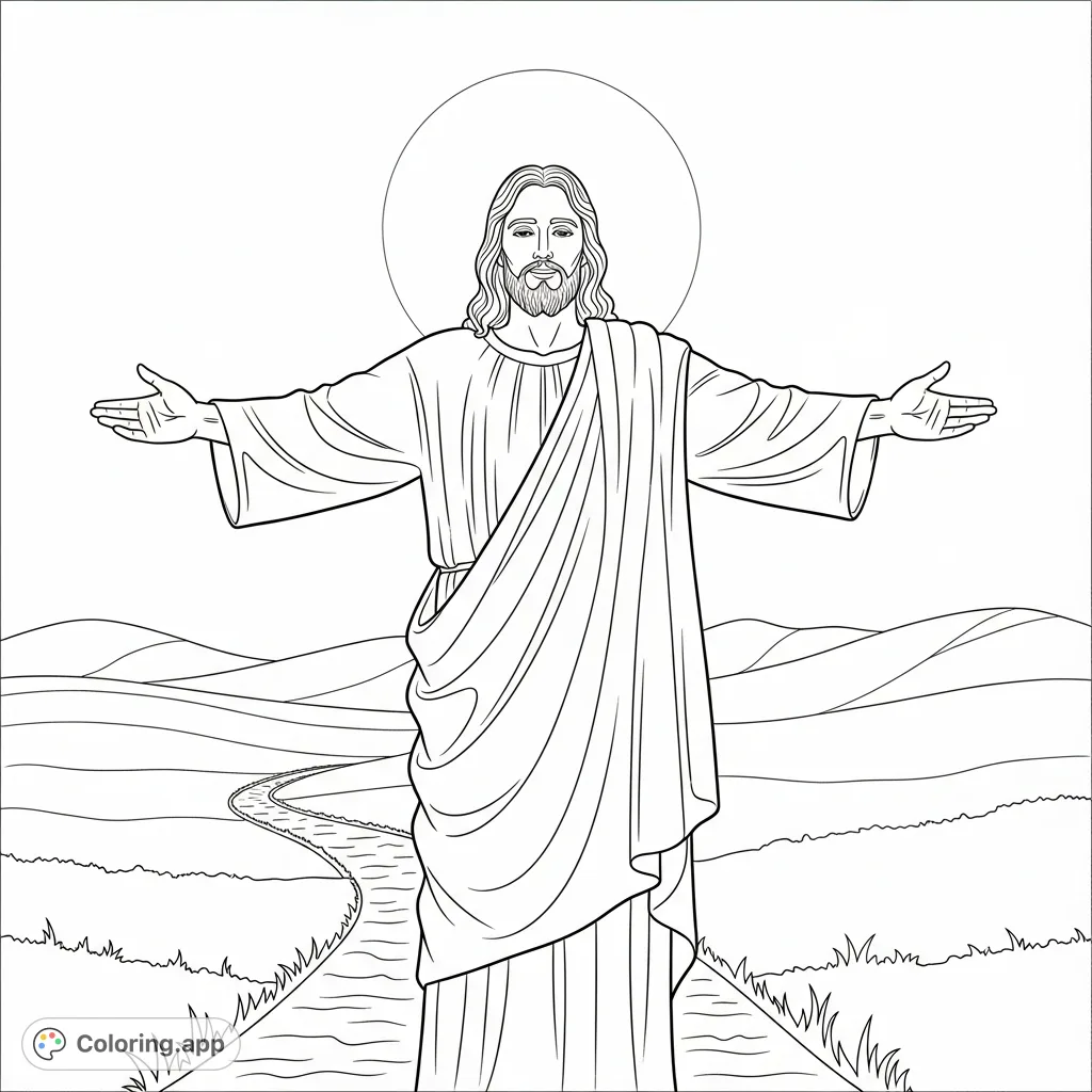 A serene depiction of Jesus Christ with open arms, standing before gentle rolling hills and a winding path. A peaceful, spiritual coloring page for reflection.