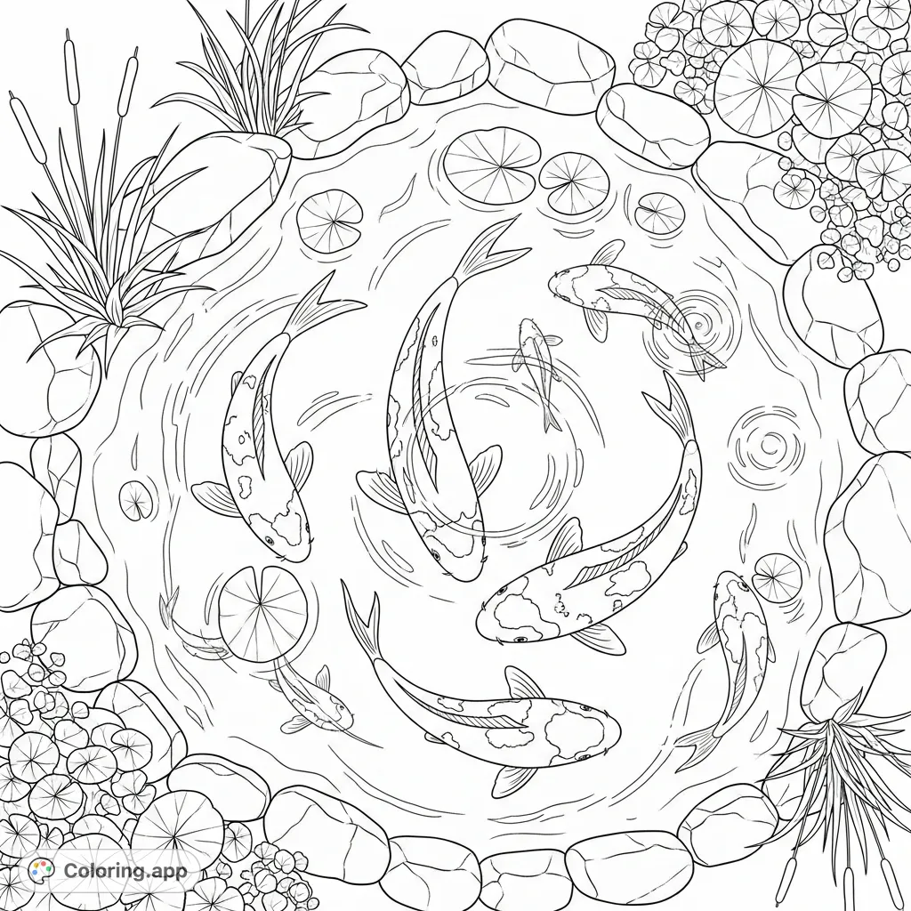 Immerse yourself in the tranquility of a koi pond, featuring gracefully swimming koi fish, textured stones, and lush aquatic plants, all viewed from above.