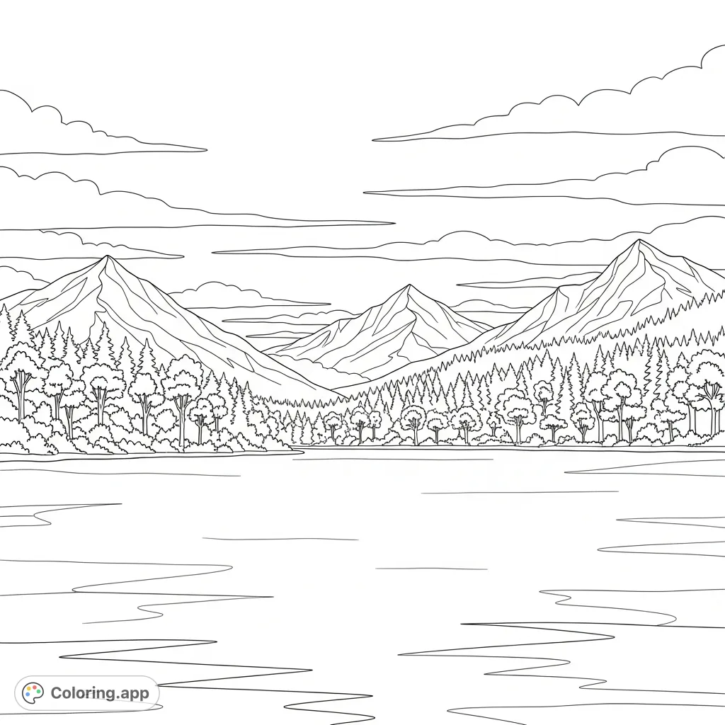 A tranquil coloring page featuring a harmonious landscape with a calm lake reflecting a dense forest, majestic mountains, and a sky filled with soft clouds.