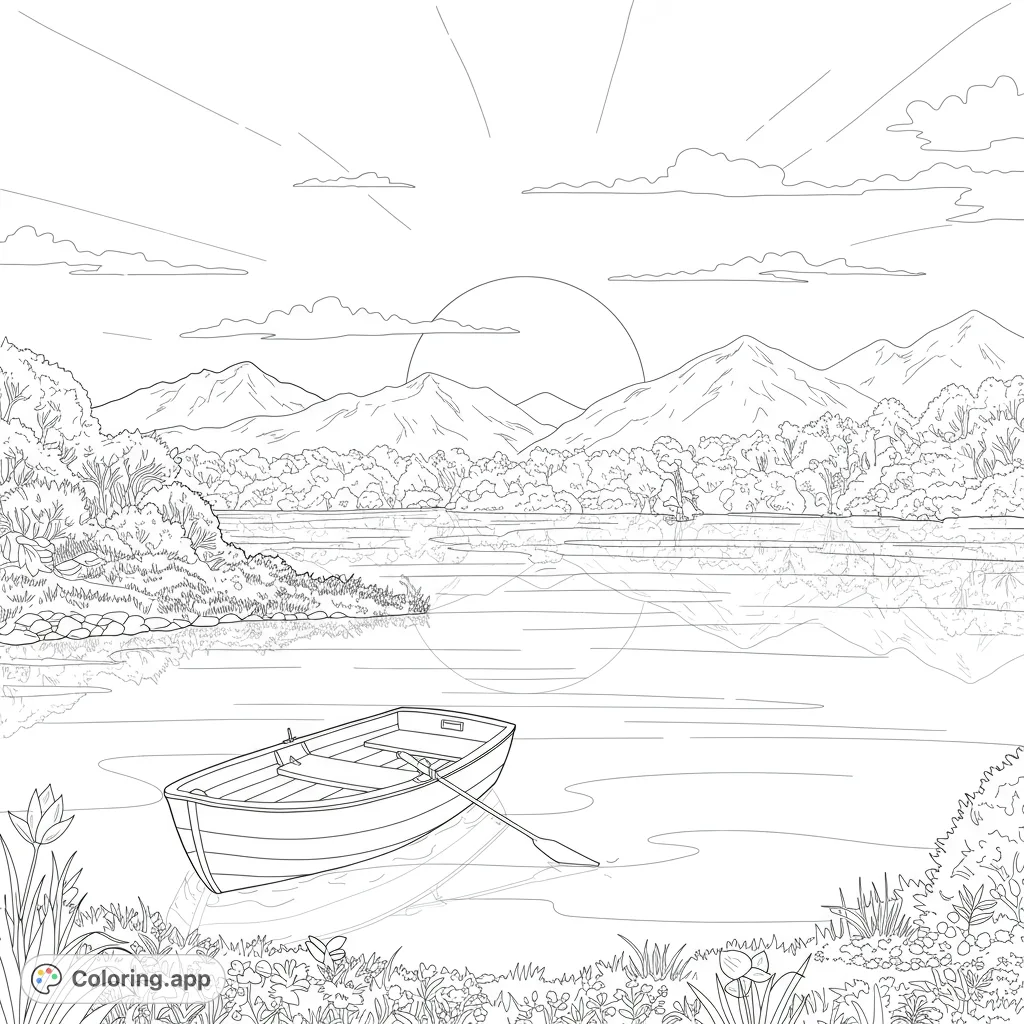 A peaceful rowboat floats on a calm lake at sunset, surrounded by majestic mountains and lush nature. A free printable nature coloring page.