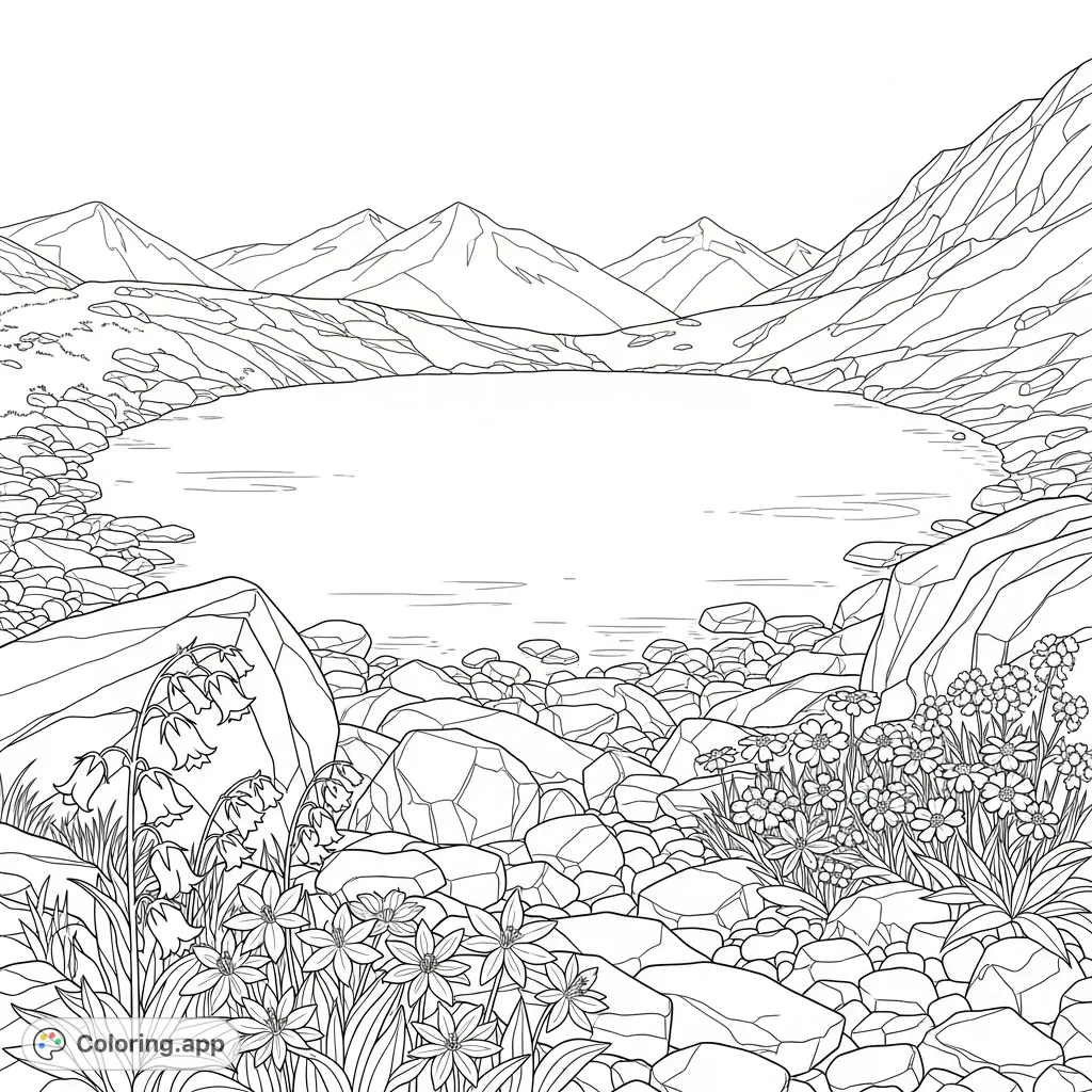 A breathtaking high mountain tarn surrounded by rugged rocks and vibrant wildflowers. A serene alpine landscape awaits your creative touch.
