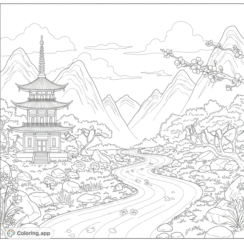 A serene Japanese landscape coloring page featuring a majestic pagoda, winding river, lush mountains, and delicate cherry blossoms for a tranquil escape.