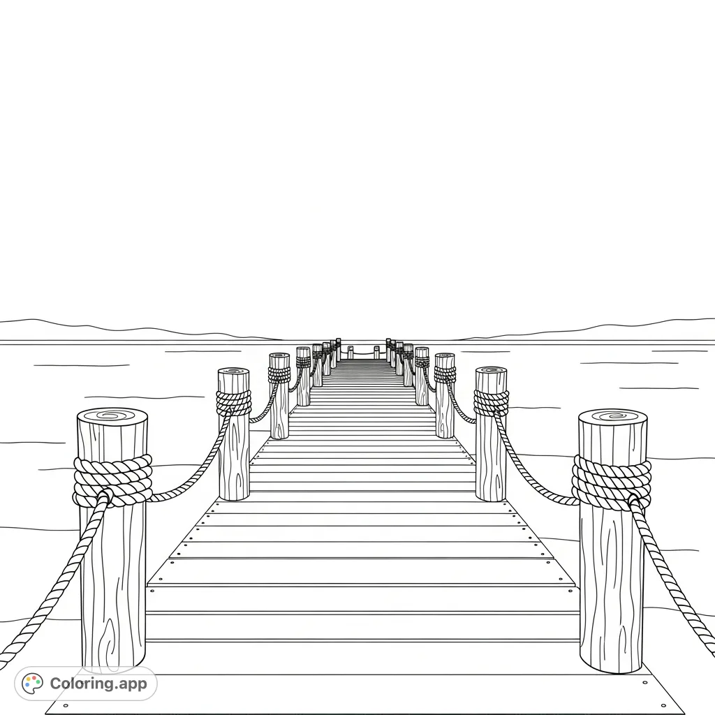 A tranquil pier stretches over calm waters with prominent posts and ropes, inviting serene coloring. Detailed yet relaxing, perfect for all skill levels.