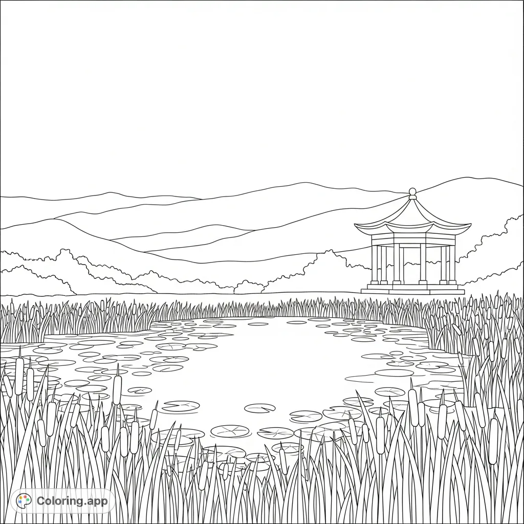 Color a tranquil scene: a pond with reeds, an elegant pavilion, and peaceful mountains. A perfect escape for mindful coloring and creative expression.