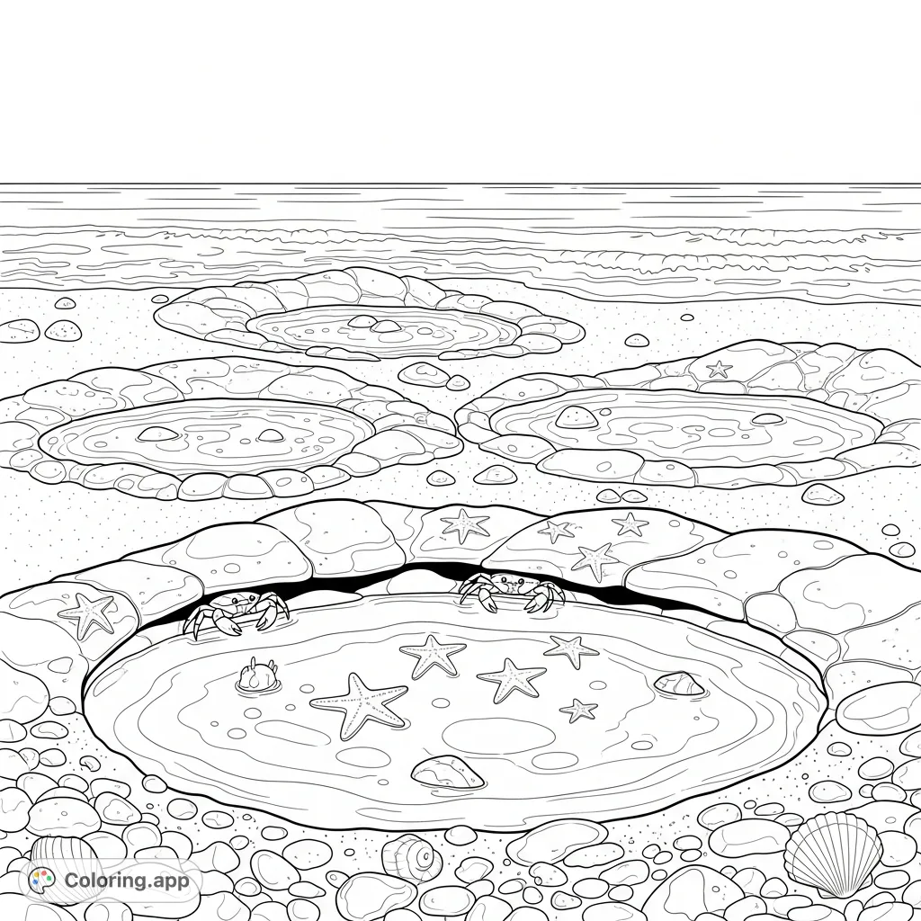 Explore a tranquil beach at low tide, filled with detailed tide pools, scuttling crabs, sea stars, and scattered shells. A serene marine life coloring page.