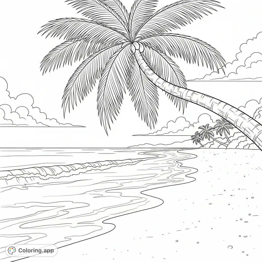 A tranquil tropical beach featuring soft waves, a gracefully leaning palm tree, and a vast, calm ocean under a clear sky, perfect for peaceful coloring.
