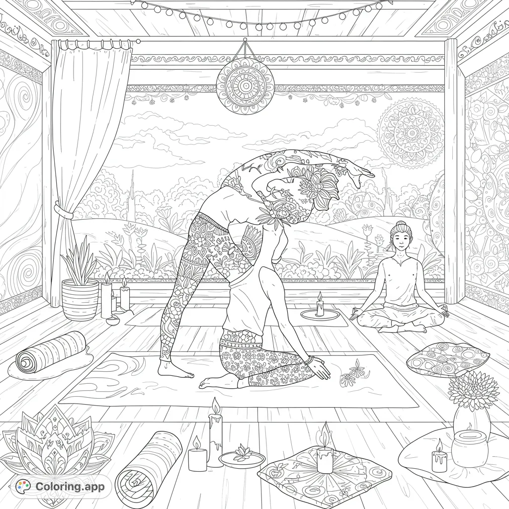 Discover tranquility with this detailed yoga studio coloring page. Features two yogis, intricate patterns, and a serene landscape view. Perfect for mindfulness.