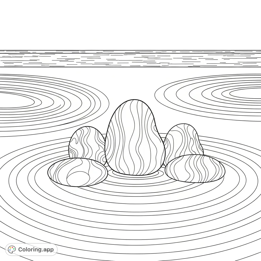Discover peace with this Zen rock garden featuring smooth stones and intricate raked sand patterns. A perfect canvas for mindful coloring and relaxation.