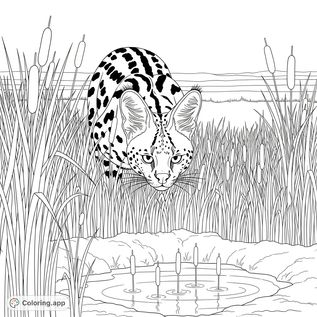 A detailed coloring page featuring a sleek serval cautiously peering through tall reeds at a calm waterhole, its distinctive spots and large ears visible.