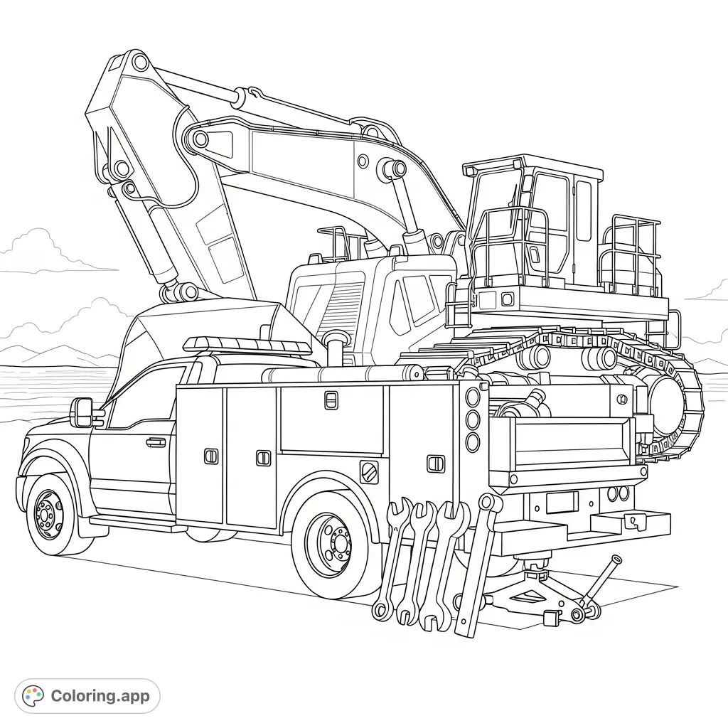 Color a detailed service truck next to impressive heavy machinery. Features simplified tools and cabinets, perfect for vehicle and industrial enthusiasts.