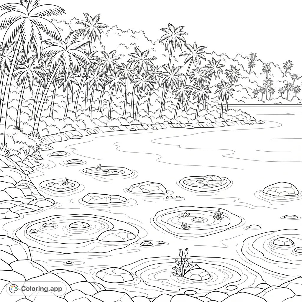 Escape to a tranquil, palm-fringed inlet featuring serene tide pools and smooth, simplified rocks. A peaceful coastal scene awaits your creative touch.