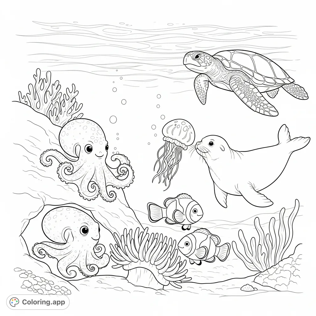 Explore a lively shallow reef coloring page featuring a baby octopus, clownfish, a curious seal, a jellyfish, and a majestic sea turtle in a vibrant underwater scene.